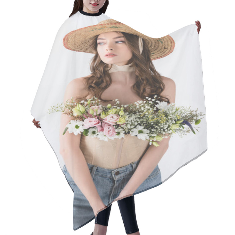 Personality  Model In Sun Hat With Flowers In Blouse Isolated On Grey  Hair Cutting Cape