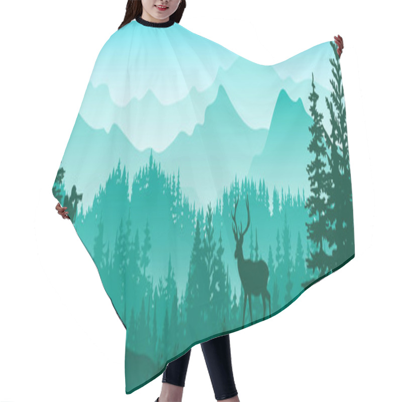 Personality  Photographer On Meadow In Forest Take Picture Of Deer. Silhouette Of Tree, Man, Animal, Mountains. Wild Nature Landscape. Horizontal Banner.	 Hair Cutting Cape