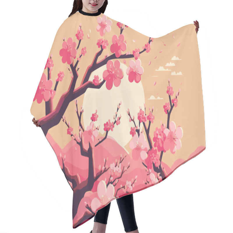 Personality  Branch Cherry Blossoming Flower Tree, Sakura Japan Spring Flowers Background In Vector Flat Color Illustration Hair Cutting Cape