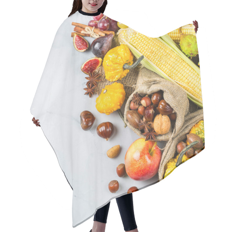 Personality  Fall Autumn Harvest Background With Pumpkin Apple Chestnut Corn Hair Cutting Cape