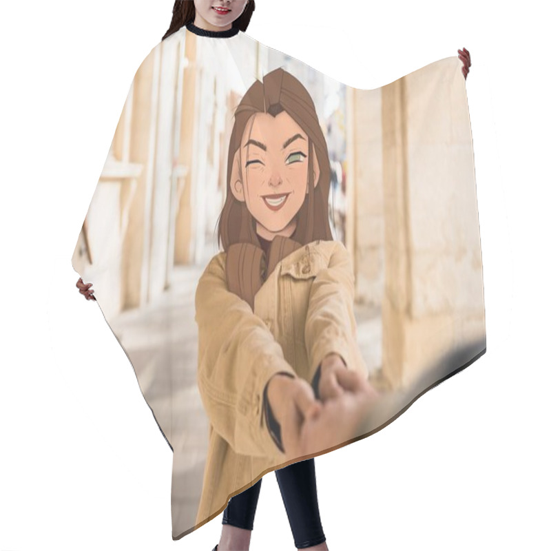 Personality  Selective Focus Of Girl With Illustrated Smiling Face Holding Hand Of Man In City Hair Cutting Cape