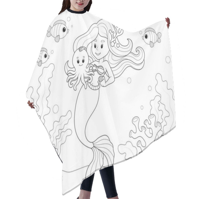 Personality  Mermaid On The Seabed With Sea Animals. Raster Illustration, Page For Printable Children Coloring Book. Hair Cutting Cape