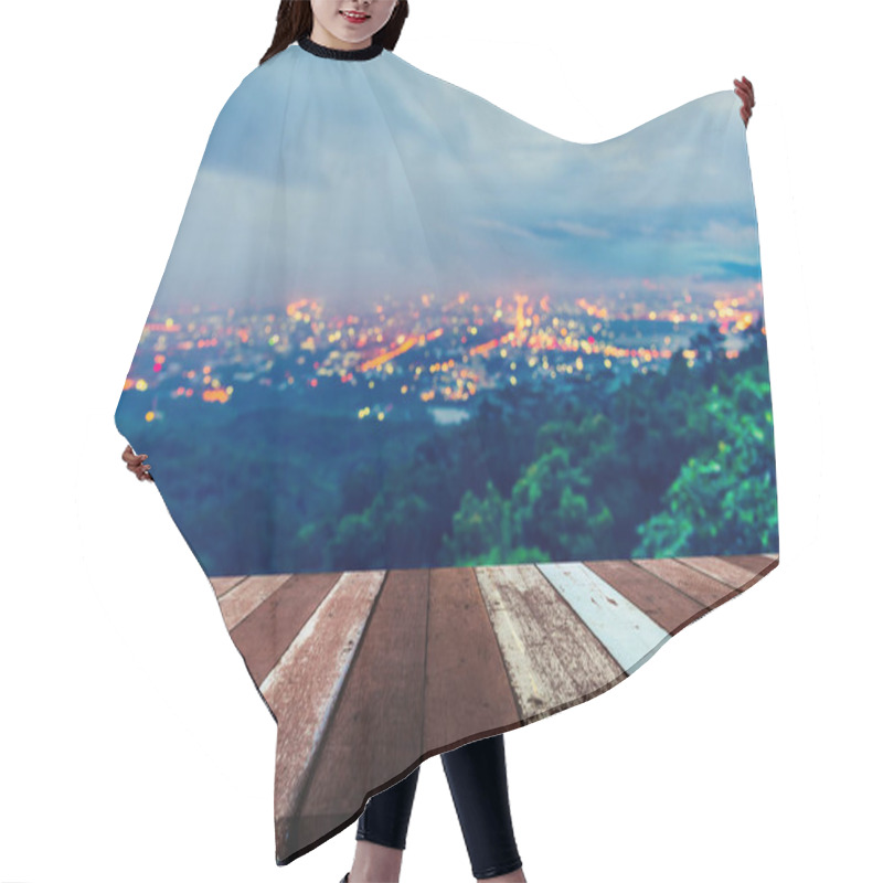 Personality   Wood Table And Blurred City Bokeh. Hair Cutting Cape