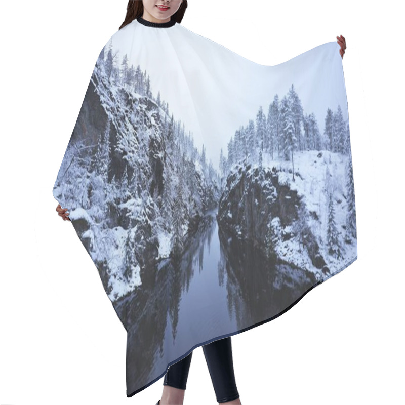 Personality  A Stunning Winter Scene Of A Snow-covered River Gorge Surrounded By Frosted Trees And Rocky Cliffs. The Calm, Reflective Water Mirrors The Icy Landscape, Creating A Serene.  Hair Cutting Cape