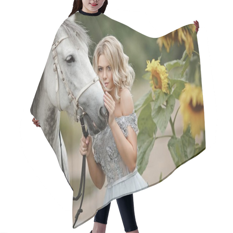 Personality  Beautiful Blond Girl In Gray Dress Hugging A Horse On Nature In  Hair Cutting Cape