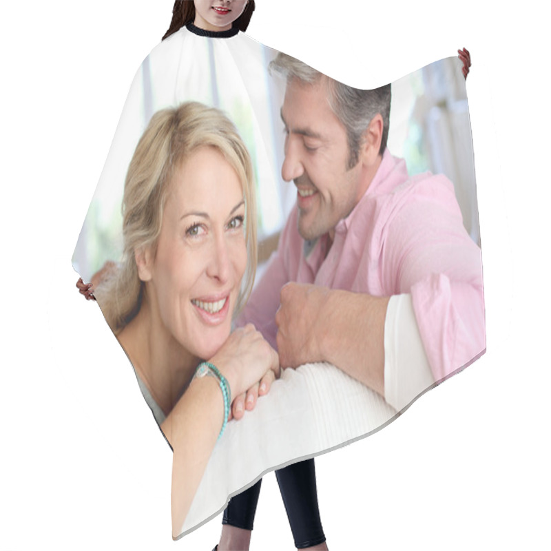 Personality  Middle Aged Couple Relaxing In Sofa At Home Hair Cutting Cape