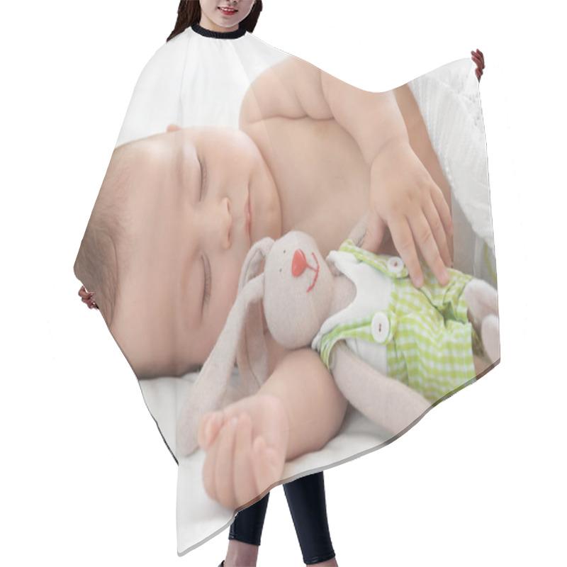 Personality  Cute Little Baby With Toy Sleeping On Bed At Home Hair Cutting Cape