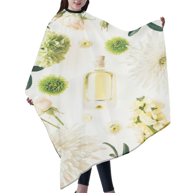 Personality  Top View Of Bottle Of Aromatic Perfume Surrounded With Flowers And Green Branches Isolated On White Hair Cutting Cape