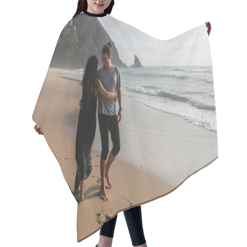 Personality  Happy Man Dancing With Girlfriend In Dress On Wet Sand Near Ocean Hair Cutting Cape