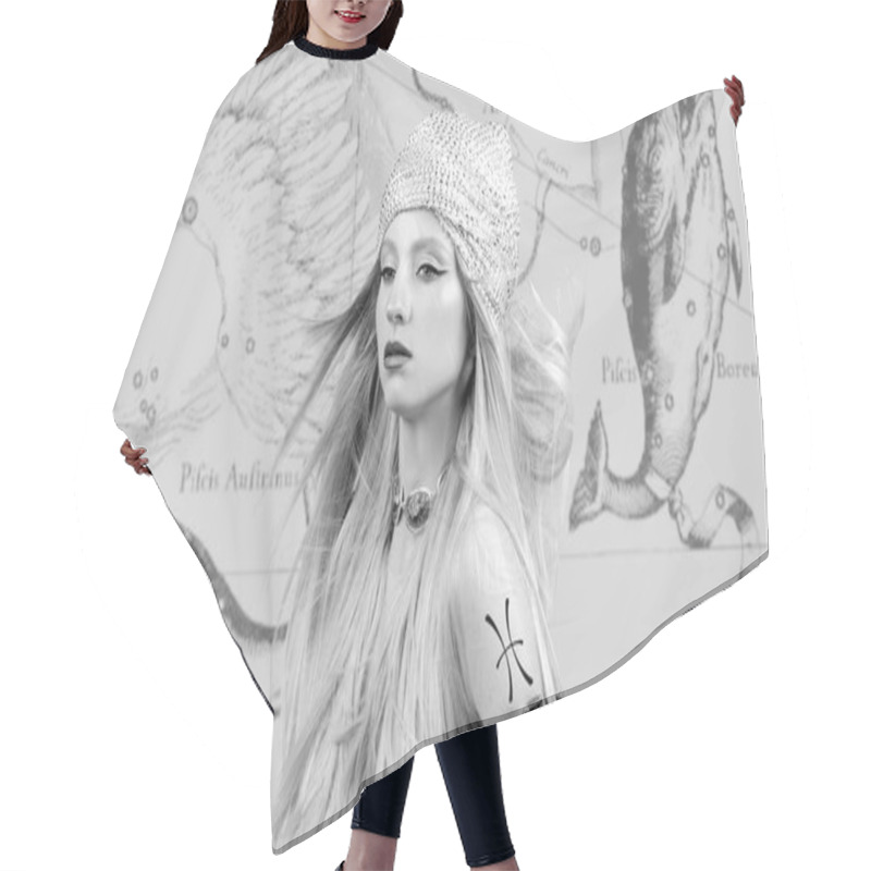 Personality  Pisces Zodiac Sign. Astrology And Horoscope Concept, Beautiful Woman Pisces On Zodiac Map Hair Cutting Cape