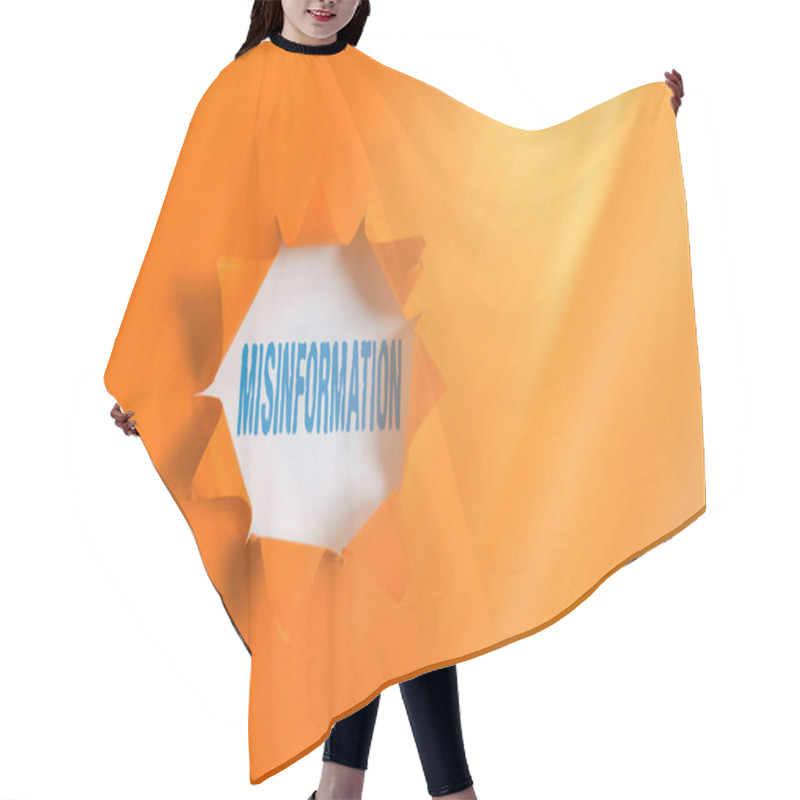 Personality  Text Sign Showing Misinformation. Conceptual Photo False Data, In Particular, Intended Intentionally To Deceive Rolled Ripped Torn Cardboard Placed Above A Wooden Classic Table Backdrop. Hair Cutting Cape