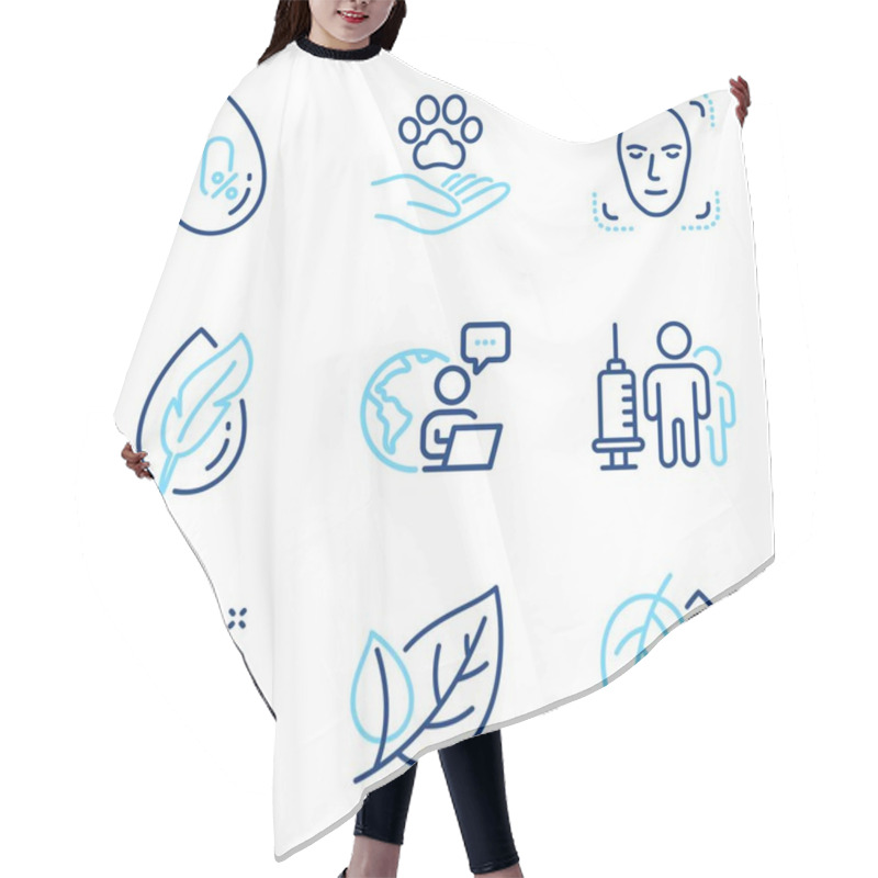 Personality  Healthcare Icons Set. Included Icon As Pets Care, Hypoallergenic Tested, Mineral Oil Signs. Leaf, Clean Skin, Medical Vaccination Symbols. Face Detection, No Alcohol Line Icons. Line Icons Set. Vector Hair Cutting Cape