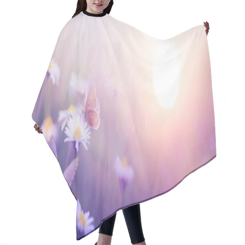 Personality  Nature With Beautiful Butterfly And Blooming Spring Wildflowers Against The Sky At Sunrise; Abstract Landscape With Spring Flowers Hair Cutting Cape