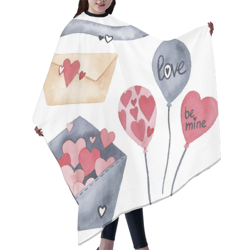 Personality  Watercolor Set With Elements For Valentine's Day On A White Background. Hearts, Sweets, Balls, Gifts And Other Cute Items Hair Cutting Cape