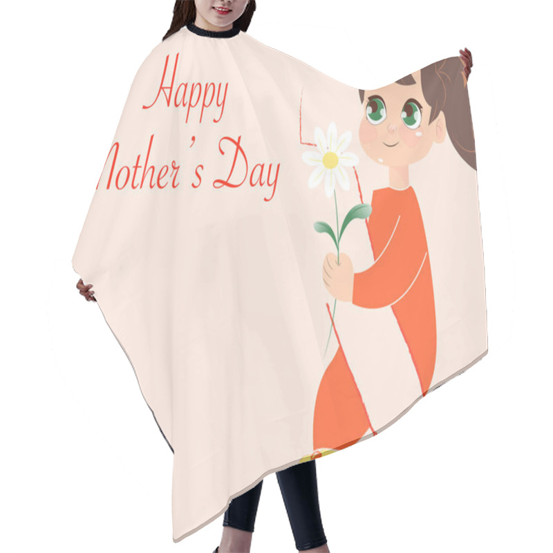 Personality  Illustration Of Smiling Girl Holding Flowers Near Happy Mothers Day Lettering On Pink Hair Cutting Cape