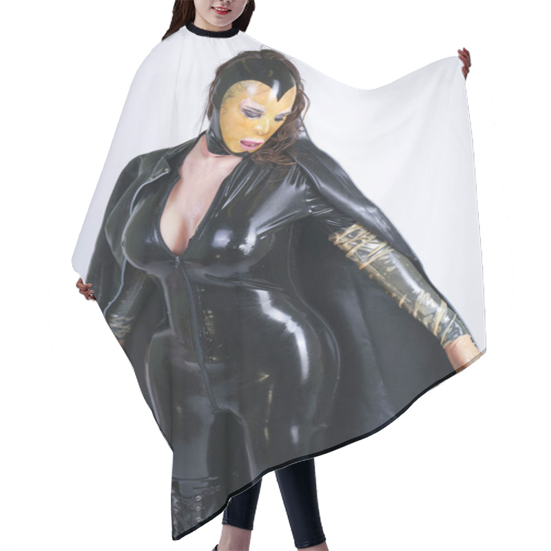 Personality  Plus Size Woman In Latex Suit And Leather Boots In Thick Heavy Rubber Raincoat On White Background In Studio. Hot Fashionable Adult Girl Posing In Fetish Clothes Alone Isolated Hot Hair Cutting Cape