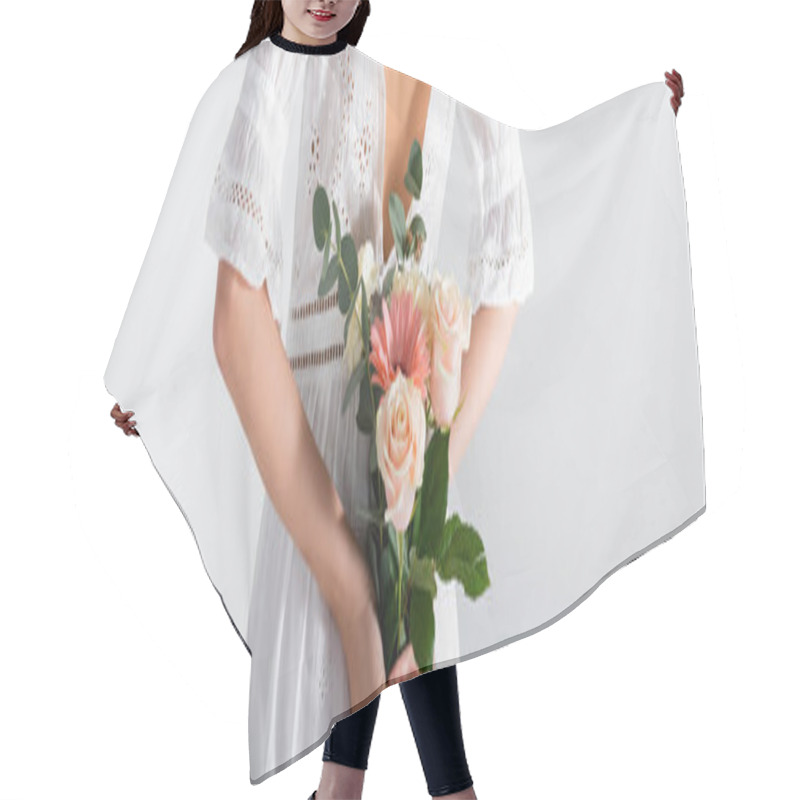 Personality  Cropped View Of Young Woman In Dress Holding Bouquet Of Spring Flowers Behind Back Isolated On White, Banner Hair Cutting Cape