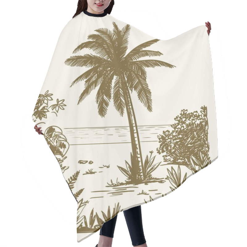 Personality  Three Palm Trees Grow On A Wild Beach. Vector Sketch On White Background Hair Cutting Cape