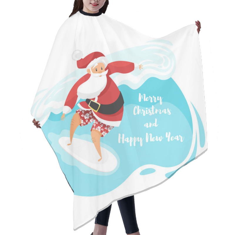 Personality  Vector Cartoon Style Illustration Of Santa Surfer Riding The Wave. Hair Cutting Cape