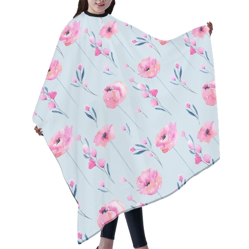 Personality  Watercolor Pink Poppies And Floral Branches Seamless Pattern, Hand Drawn On A Blue Background Hair Cutting Cape