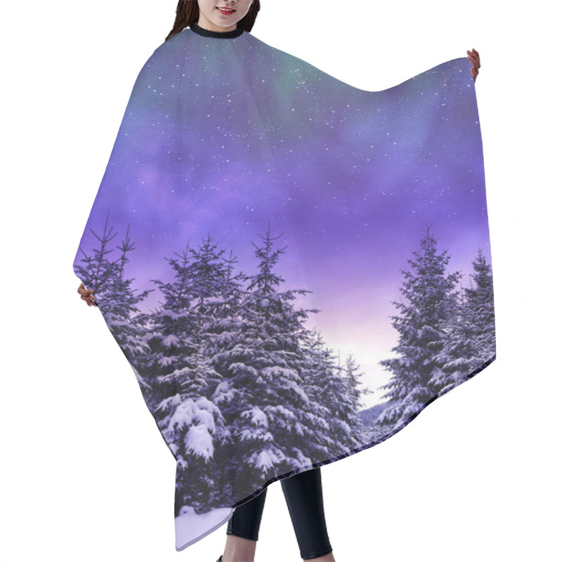 Personality  Snowy Trees In Winter Landscape At The Night Sky With Aurora Borealis. Hair Cutting Cape