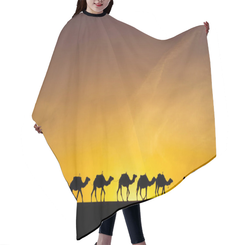 Personality  Sunrise Silhouette Of Camels And Handler, In The Sand Dunes Of Merzouga, The Sahara Desert, Morocco Hair Cutting Cape