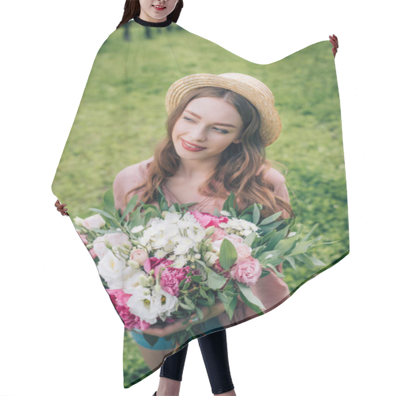 Personality  High Angle View Of Beautiful Smiling Woman In Hat With Bouquet Of Flowers Looking Away In Park Hair Cutting Cape