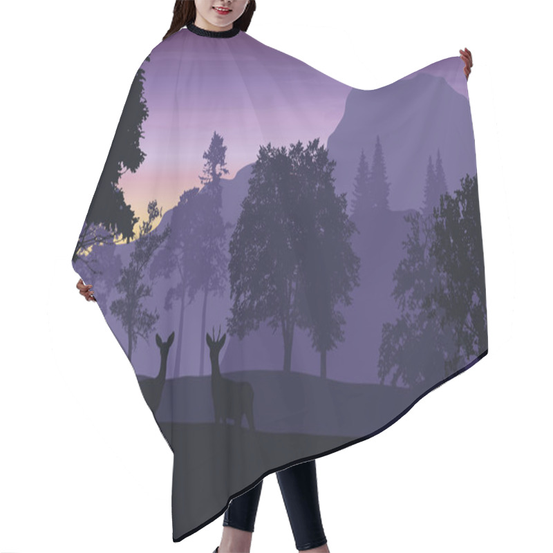 Personality  Vector Illustration Of A Mountain Landscape With A Forest And A Purple Sky With The Rising Sun Hair Cutting Cape