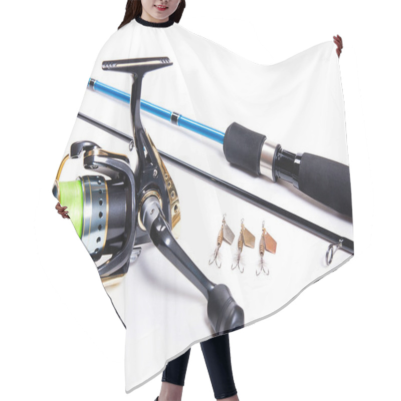 Personality  Fishing Rod And Reel Isolated On White. Hair Cutting Cape