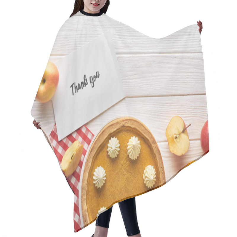 Personality  Top View Of Pumpkin Pie With Thank You Card On Wooden White Table With Apples Hair Cutting Cape