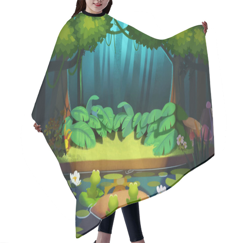 Personality  Spotlight Is Brightened In The Forest. Realistic Fantastic Cartoon Style Scene, Wallpaper, Background Design. Illustration Hair Cutting Cape