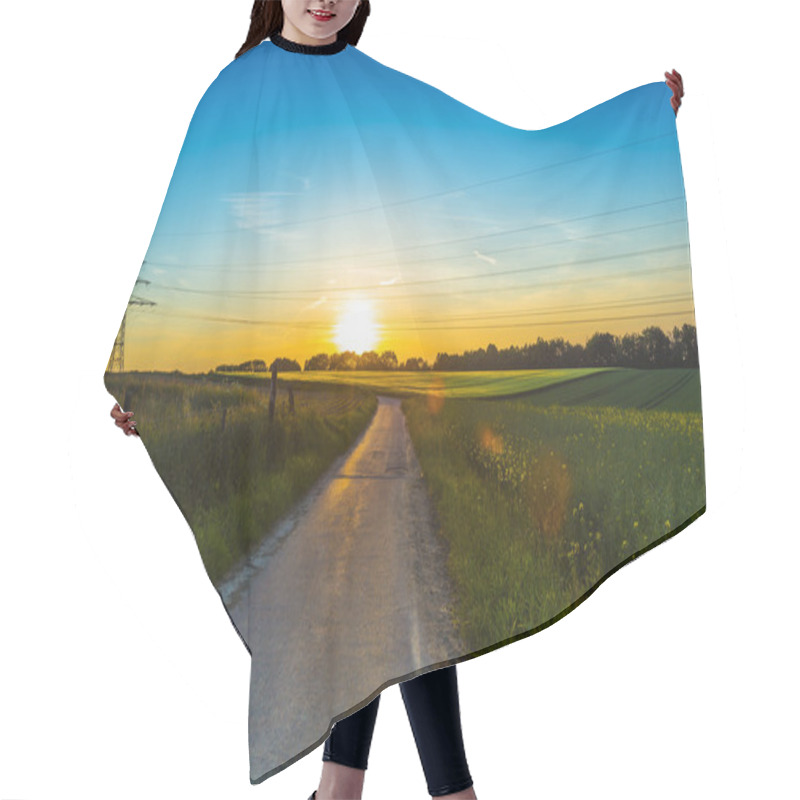 Personality  Lane Sunset Rape Power Line Pylon Dusk Farm Landscape Summer Wheat Field Hair Cutting Cape