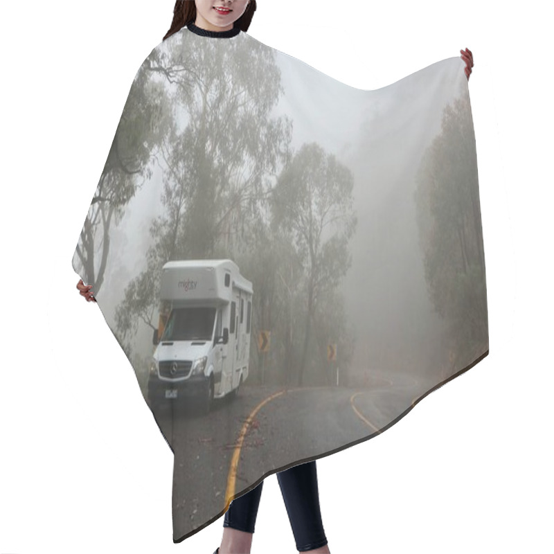 Personality  The Photo Captures A White Campervan Parked On A Winding Road Surrounded By Dense Trees. Both The Road And The Surrounding Trees Are Enveloped In A Thick Fog, Creating A Mystical Atmosphere. This Image Can Be Interpreted As A Symbol The Unknown.     Hair Cutting Cape