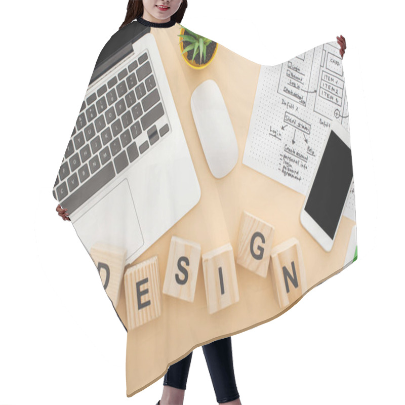 Personality  Top View Of Gadgets Near Wooden Blocks With Design Lettering, Website Design Template And Green Plant On Beige Background Hair Cutting Cape