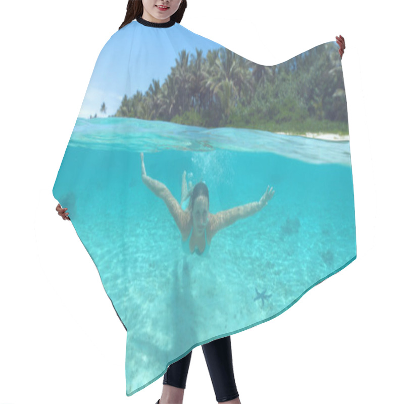 Personality  HALF UNDERWATER, CLOSE UP: Happy Young Woman Diving In The Breathtaking Turquoise Water On A Perfect Summer Day On Remote Tropical Island. Caucasian Girl Swimming In The Calm And Refreshing Ocean. Hair Cutting Cape