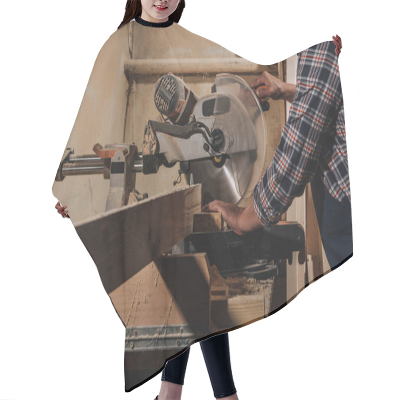 Personality  Partial View Of Carpenter Using Saw At Wooden Workshop Hair Cutting Cape