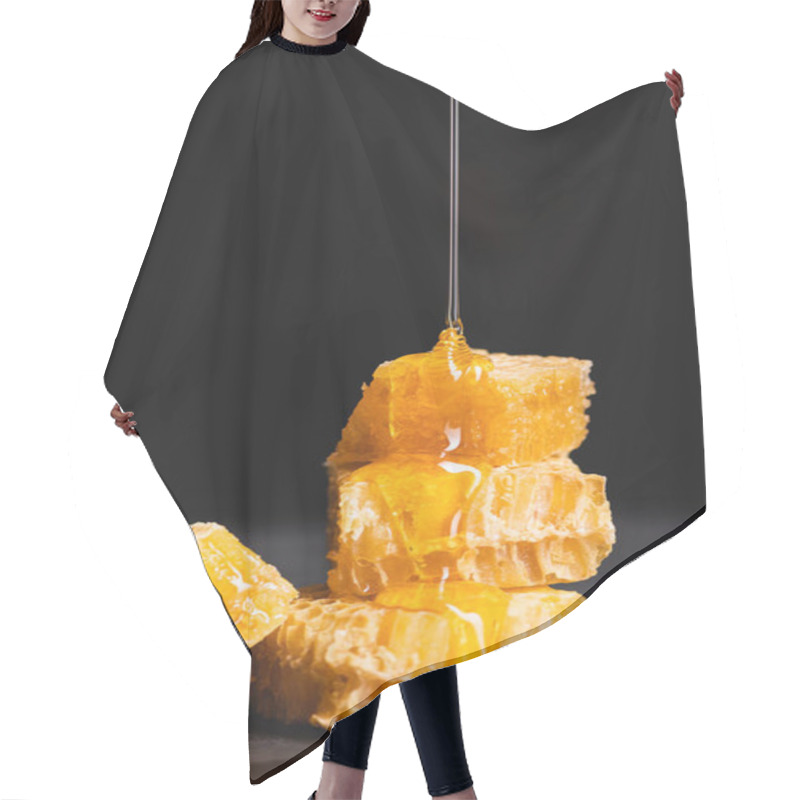 Personality  Trickle Of Liquid Honey Dripping On Cut Honeycomb Isolated On Black Hair Cutting Cape