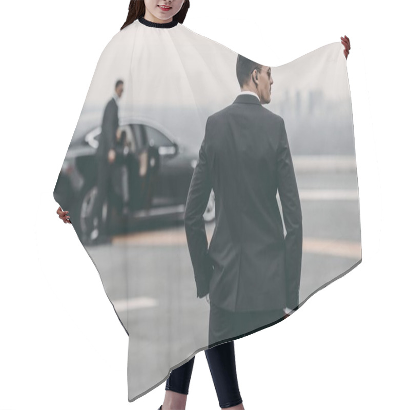 Personality  Rear View Of Bodyguard In Suit And Sunglasses Hair Cutting Cape