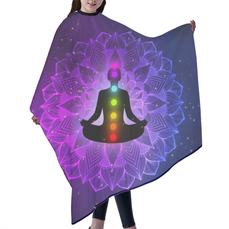 Personality  Silhouette Meditation Man With Seven Chakras On Purple Artistic Mandala In The Universe With Gas Clouds And Stars Field. Hair Cutting Cape