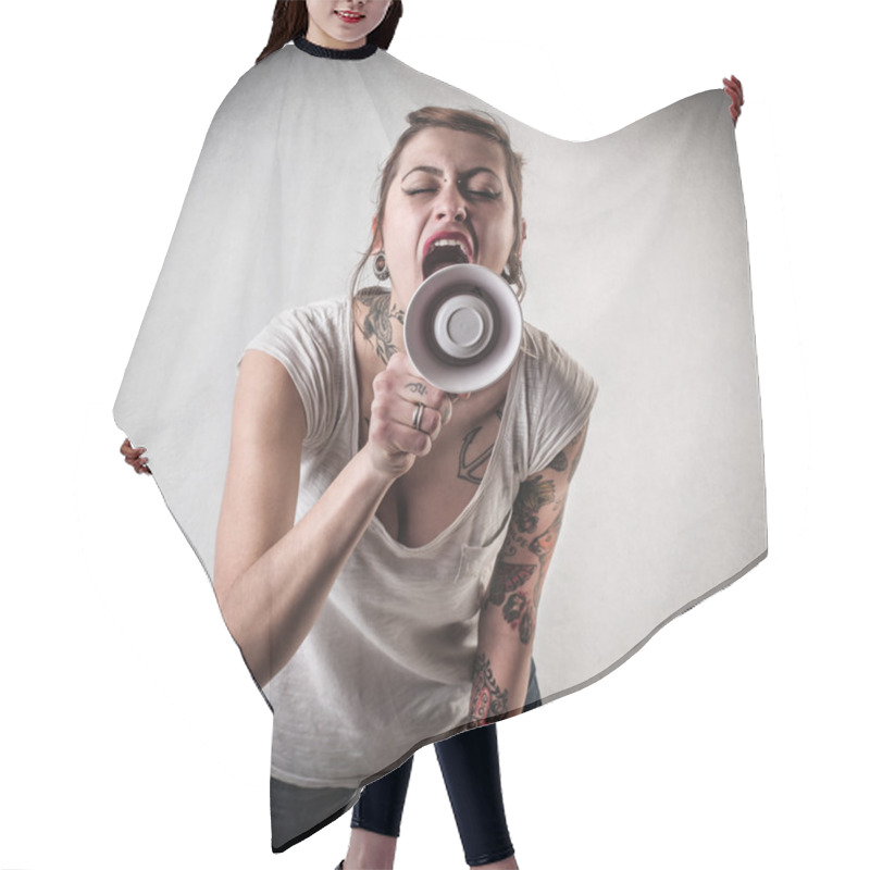 Personality  Alternative Woman Speaking Through A Megaphone Hair Cutting Cape