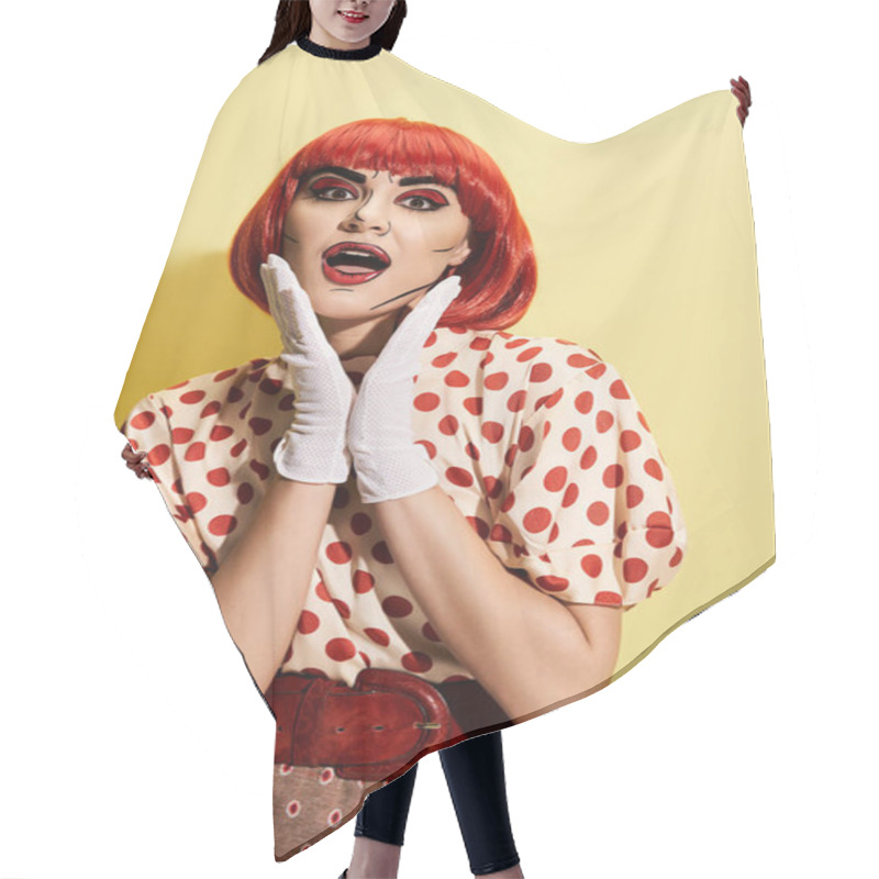 Personality  A Striking Redhead Woman With Pop Art Makeup Wears A Polka Dot Shirt And White Gloves Against A Bold Yellow Backdrop. Hair Cutting Cape