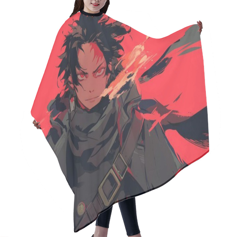 Personality  A Dynamic Illustration Of A Confident Anime Character With A Bold, Intense Red Backdrop. Hair Cutting Cape