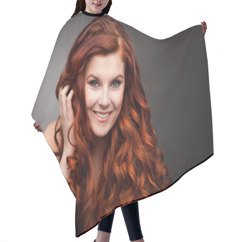 Personality  Glamour Woman With Long Red Hair Cutting Cape