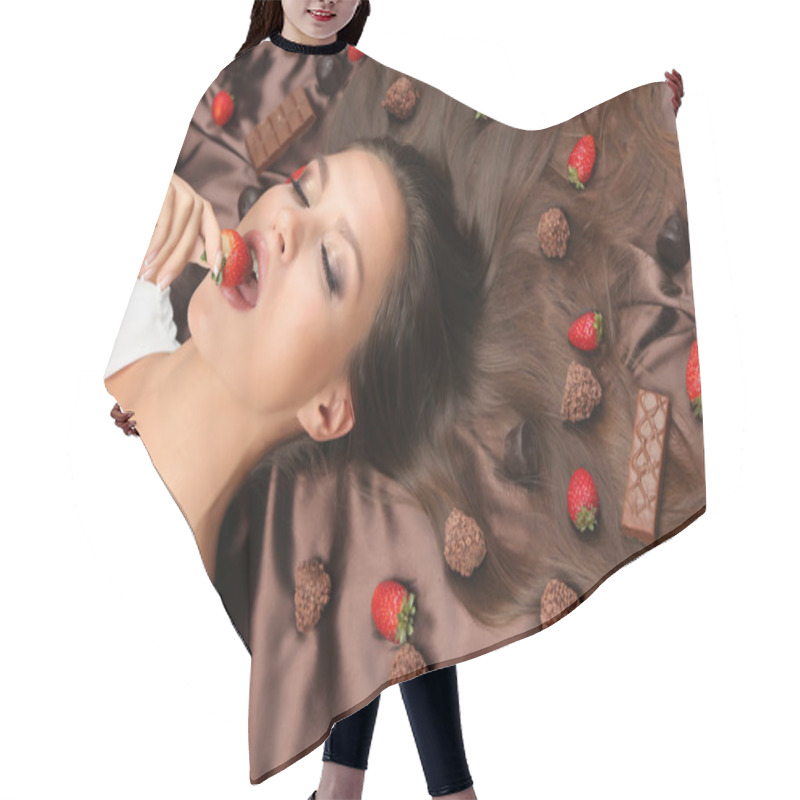 Personality  Woman Lying On Brown Atlas Covered By Chocolate And Candies Hair Cutting Cape