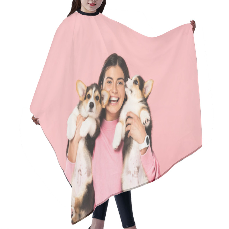 Personality  Happy Woman Holding Cute Corgi Puppies, Isolated On Pink Hair Cutting Cape