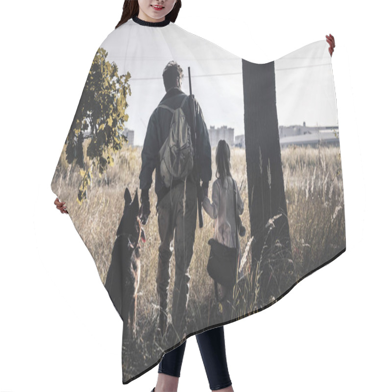 Personality  Back View Man Standing In Field With Kid And German Shepherd Dog, Post Apocalyptic Concept Hair Cutting Cape