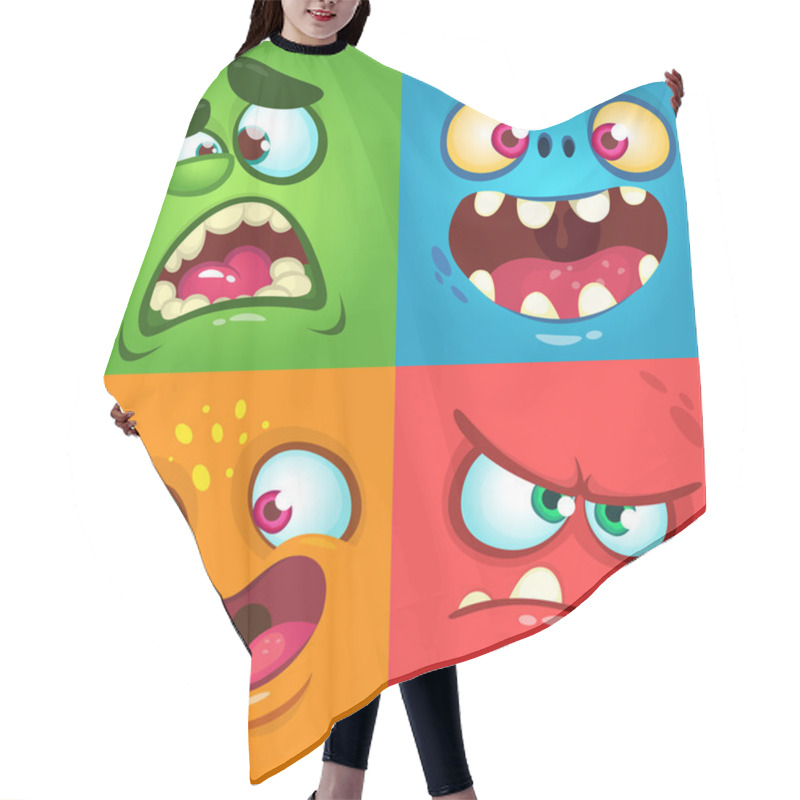 Personality  Cartoon Monster Faces Set. Vector Set Of Four Halloween Monster Faces Hair Cutting Cape