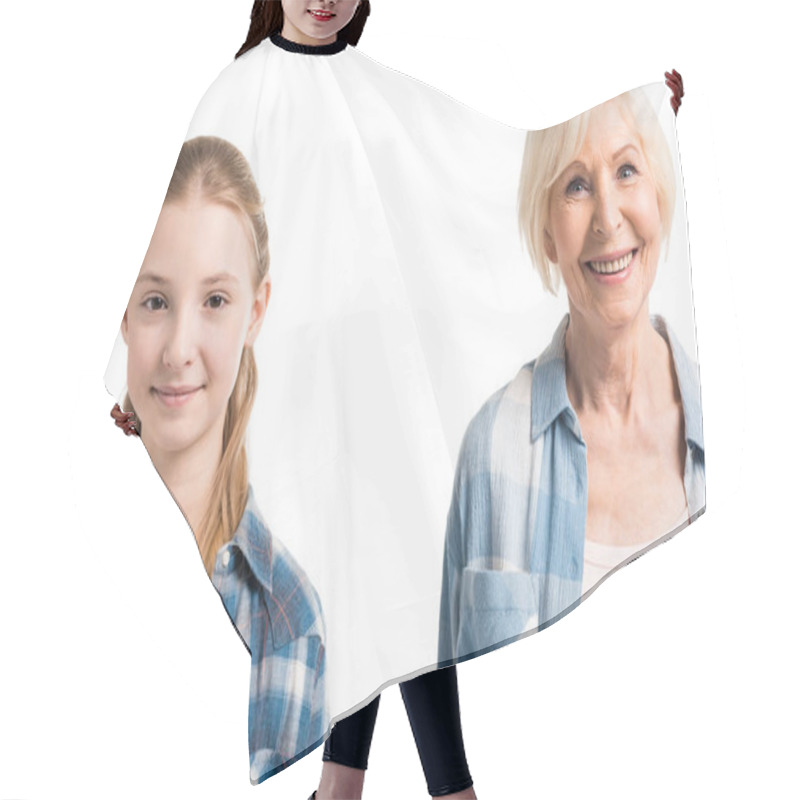 Personality  Portrait Of Grandmother And Granddaughter Hair Cutting Cape