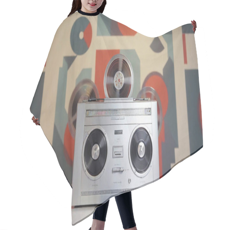 Personality  Futuristic 1970s Tape Recorder: A Sleek, Space-age Tape Recorder With Metallic Finishes, Glowing Analog Meters Hair Cutting Cape