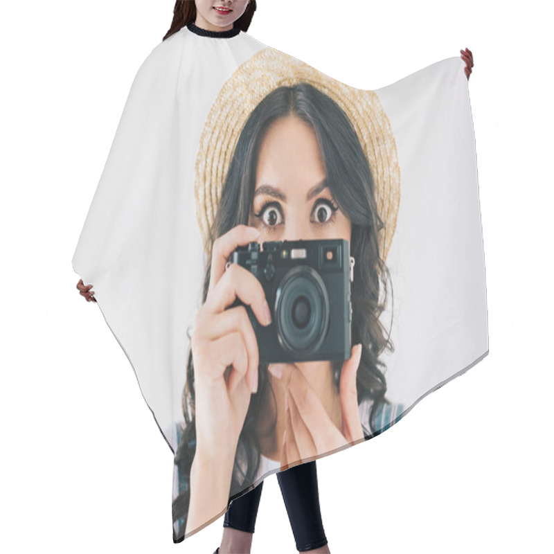 Personality  Woman Holding Photo Camera Hair Cutting Cape